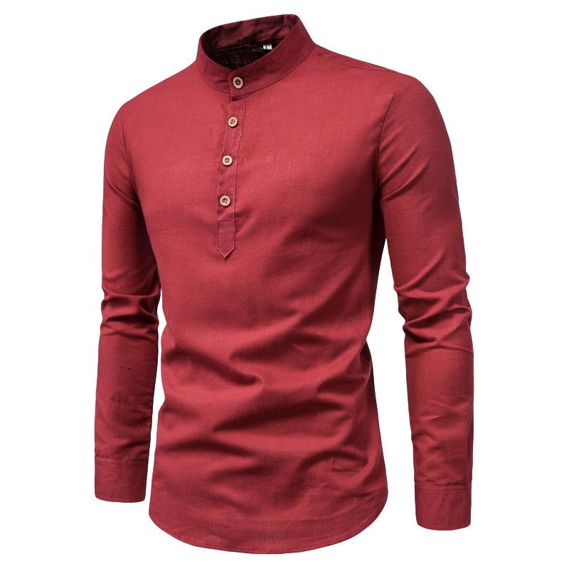 

2026 Men s Fashion Slim Fit Casual Long-Sleeve Shirt with Stand-Up Collar, Cotton-Linen Blend M красный
