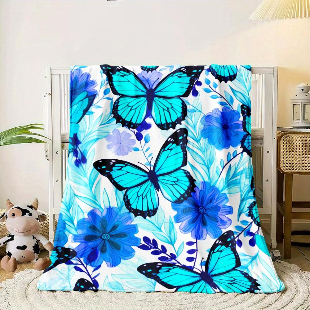 Blaue Schmetterlinge Floralmuster Fleece-Decke Natur-inspiriertes Design Weicher Plüsch-Überwurf für Damen Mädchen Zimmerdekoration