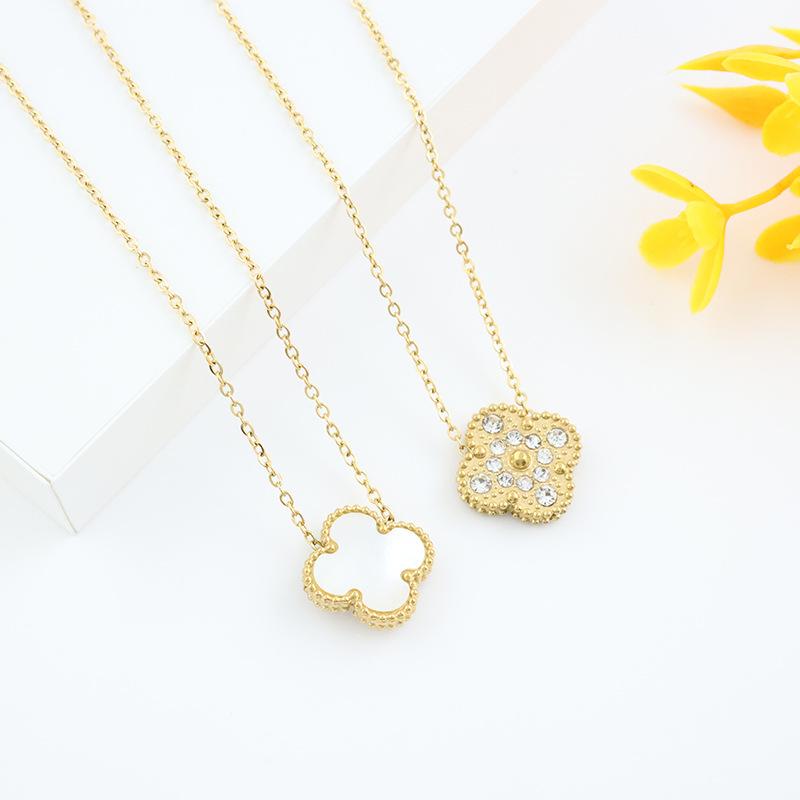 Inlaid Rhinestone Women's Pendant Titanium Steel Four-Leaf Clover Double-Sided Necklace Temperament Hundred Matching Collarbone Chain