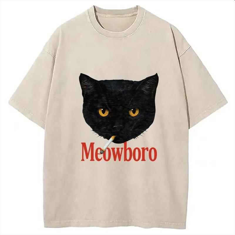 

Fashion Holiday Washed Acid T-shirts Vintage Short Sleeve Black Cat Printed Tees Oversized Harajuku Round Neck Chic Tunics S