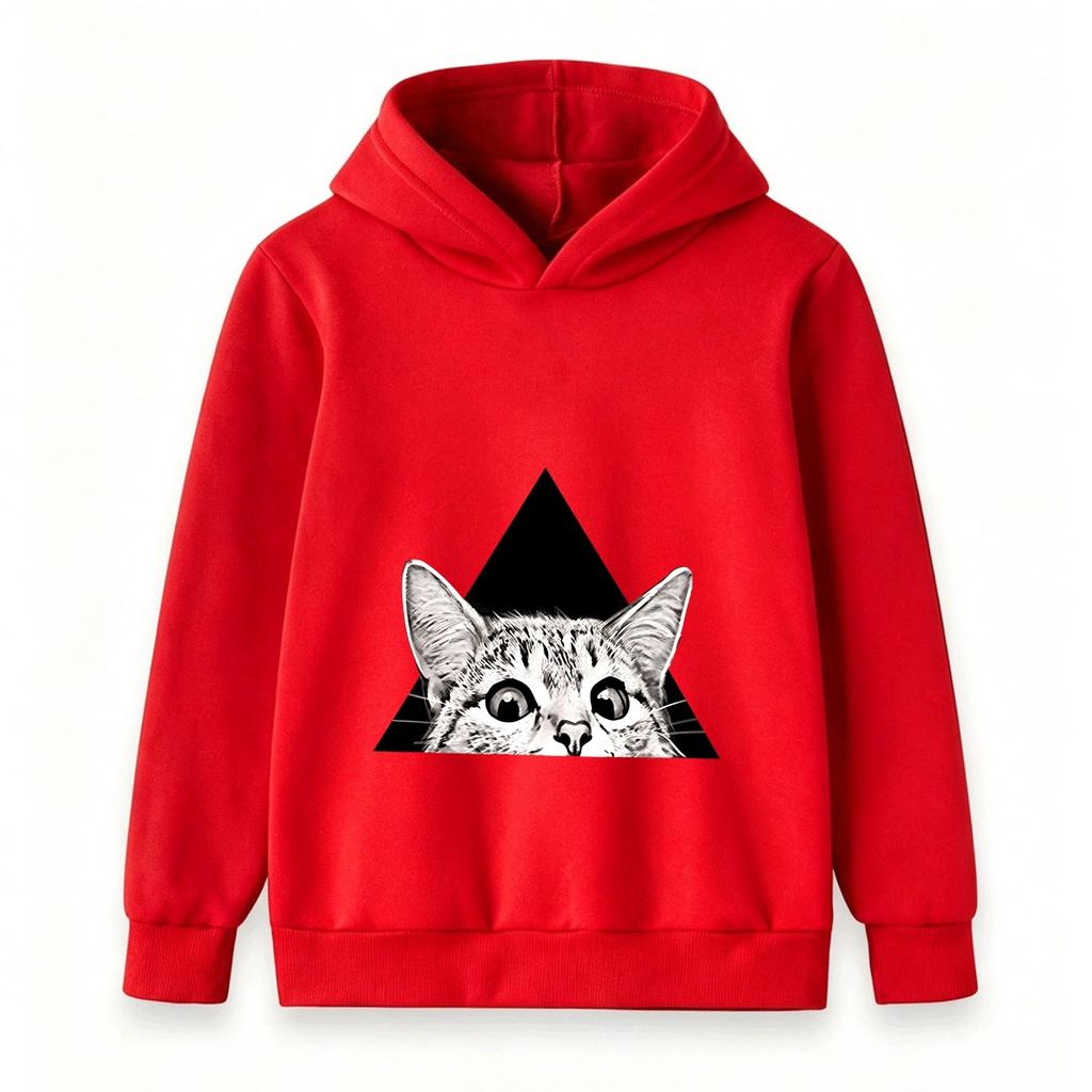 Kids Boys Girls Hooded Sweatshirt, Funny Peeking Cat Triangle Graphic Casual Pullover Hoodie, Soft Long Sleeve Streetwear for Children