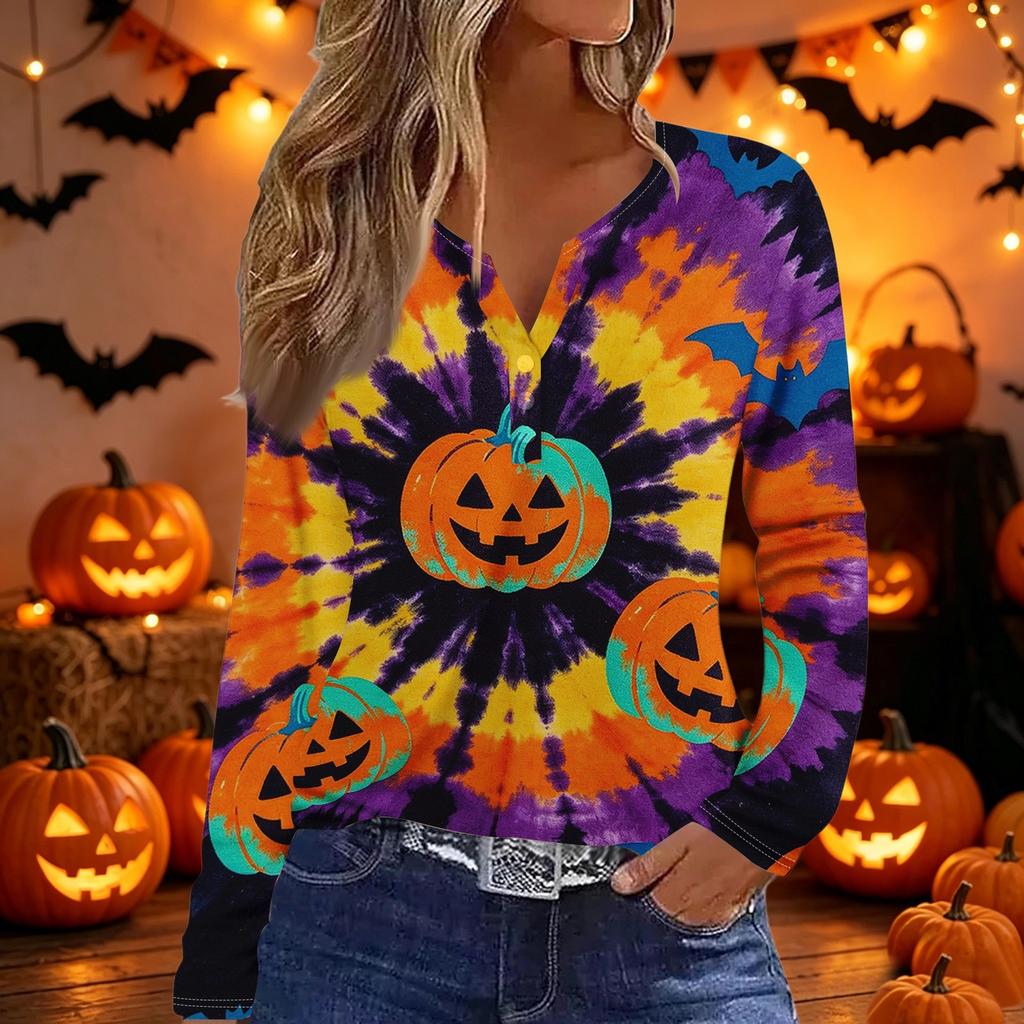 Women's Halloween Print V-Neck Long Sleeve T-Shirt with Button , Casual Fashion Top for Holiday Costume Party