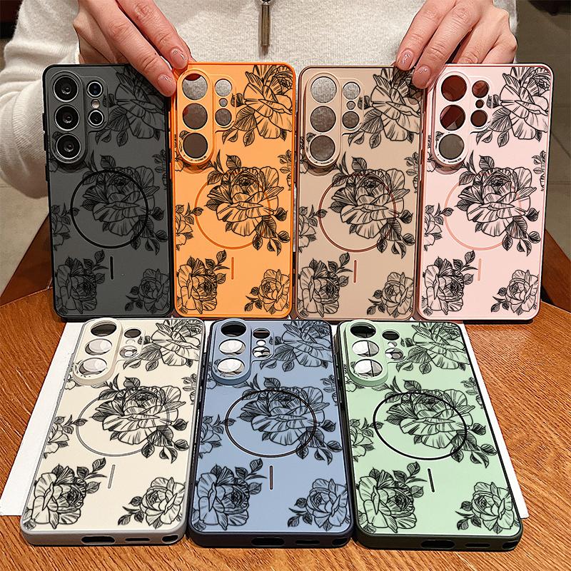 Magnetic For Magsafe Case For Samsung Galaxy S26 Ultra S25 Edge S24 Plus S23 FE S22 A54 A55 A56 5G Sketching Rose Flower Pattern Matte Cover