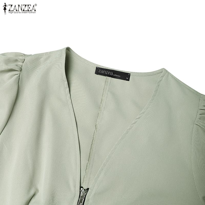 ZANZEA Women Casual Zipper V-Neck Long Sleeve Dress