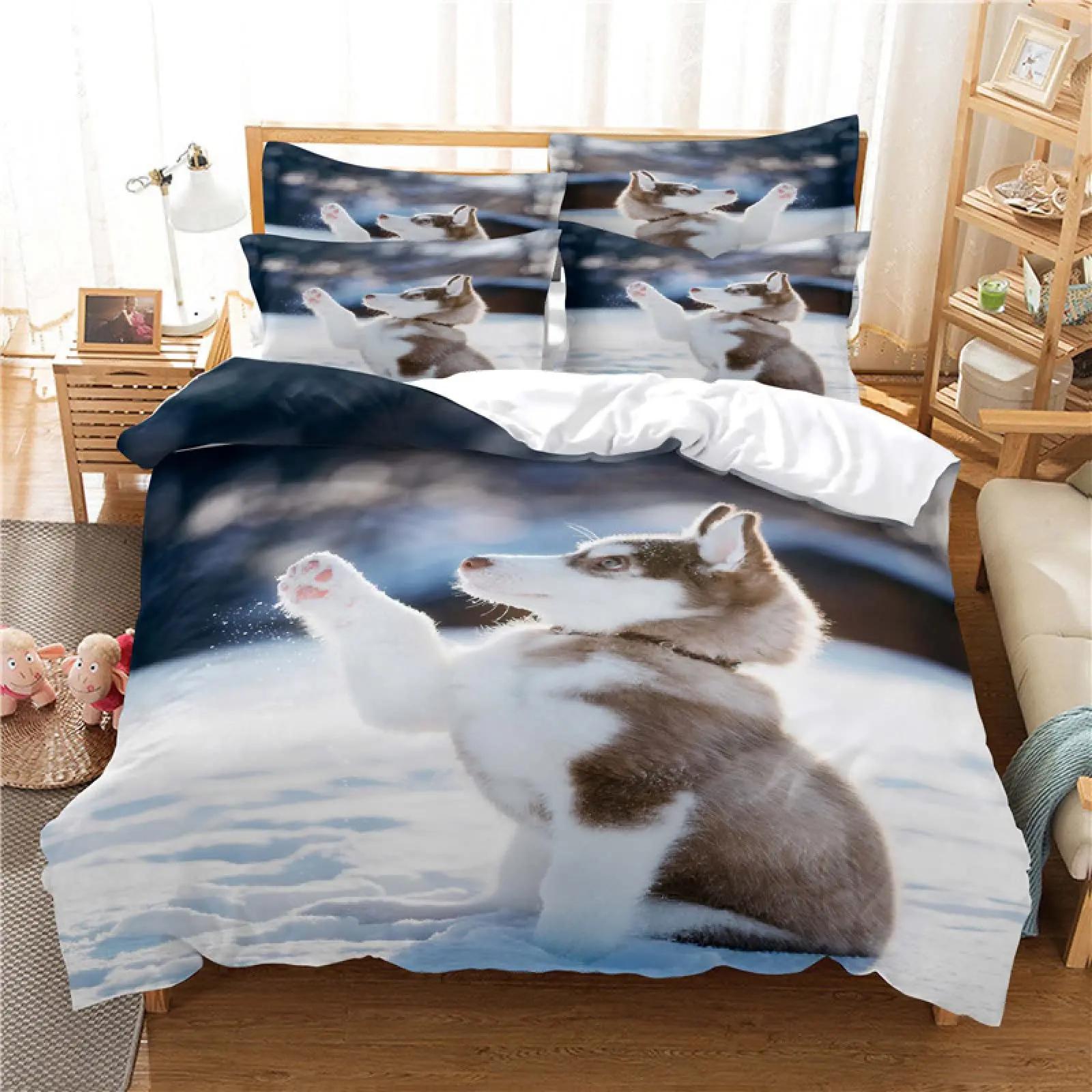 

Boys Girls Duvet Covers Puppy Dog Husky Pattern White Duvet Children Cute Dog For Bedroom Decoration Dog Lovers Gifts Queen King EU Single(135*200cm)3pcs