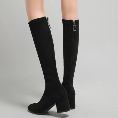 Botas femininas elásticas de inverno na altura da coxa, camurça, cano alto, pretas, casuais, salto baixo, sapatos quentes, pretas, finas, longas, femininas