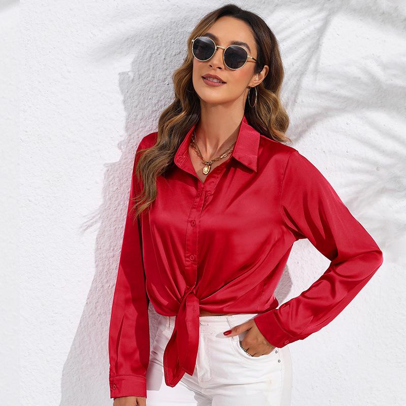 European & American Women's Long Sleeve Satin-Cotton Shirt - Solid Color, Spring & Autumn Bestseller