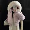 Women's Dark Blue Short Puffer Jacket with Big Fur Collar