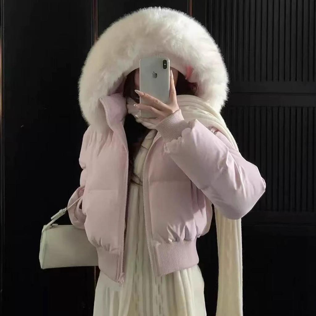 Women's Dark Blue Short Puffer Jacket with Big Fur Collar