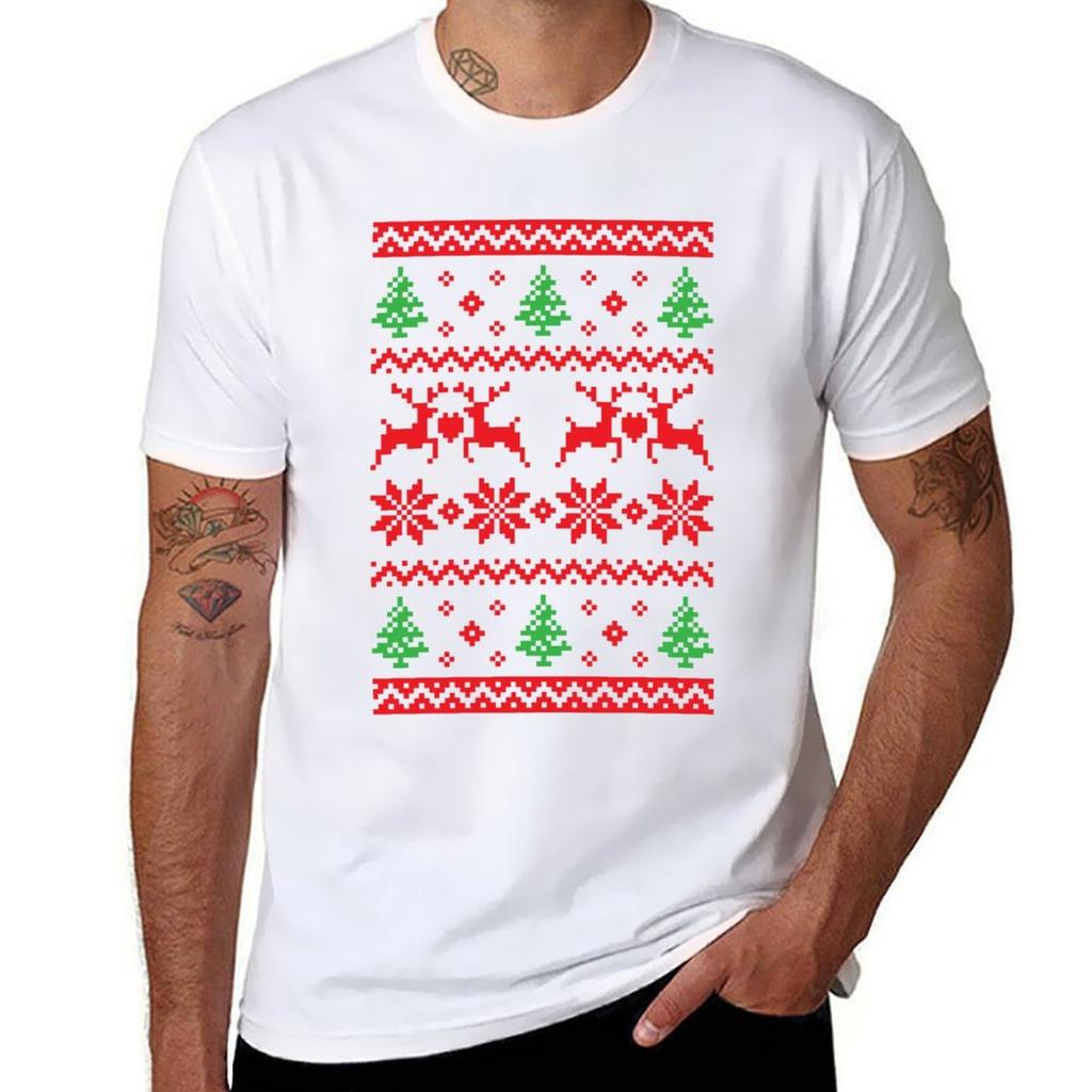 Traditional Knitted Christmas Pattern The Deer And Tree And Star TShirt Plus Size Outdoor Casual Top