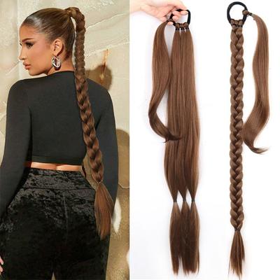 Synthetic Long Braided Ponytail Hair Extensions Natural Brown Hairpiece Wrap Around Pony Tail With Rubber Band