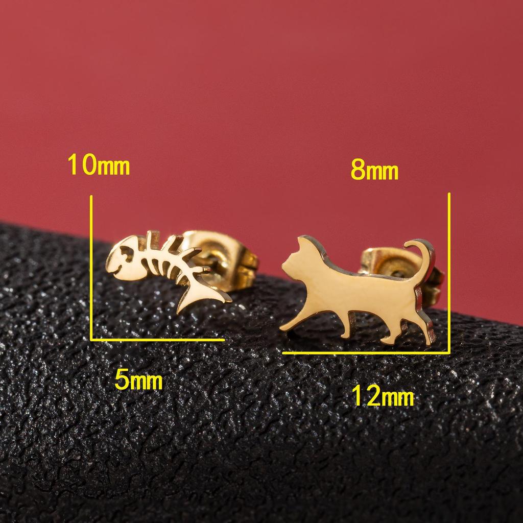 Japanese & Korean Style Asymmetrical Fish Bone Cat Earrings for Girls - Stainless Steel Niche Design
