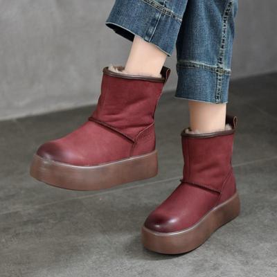 Botas de neve de couro genuíno com sola grossa, bico redondo e pelúcia grossa, botas femininas quentes de algodão