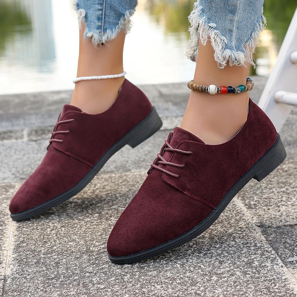 Módní Retro Dámské Baleríny Ležérní Semišové Jednobarevné Jednoduché Boty Dámské Šněrovací Špičaté Boty 2025 Jaro Podzim Mokasíny na Silném Podpatku