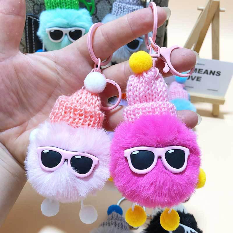 Mignon Cartoon Loutre Lapin Fourrure Lunettes Pendentif Porte-clés Ornement