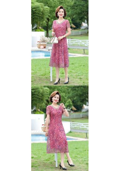 Elegant Summer Floral Dress for Middle-aged Women - Chinese National Style, Short Sleeve Maxi