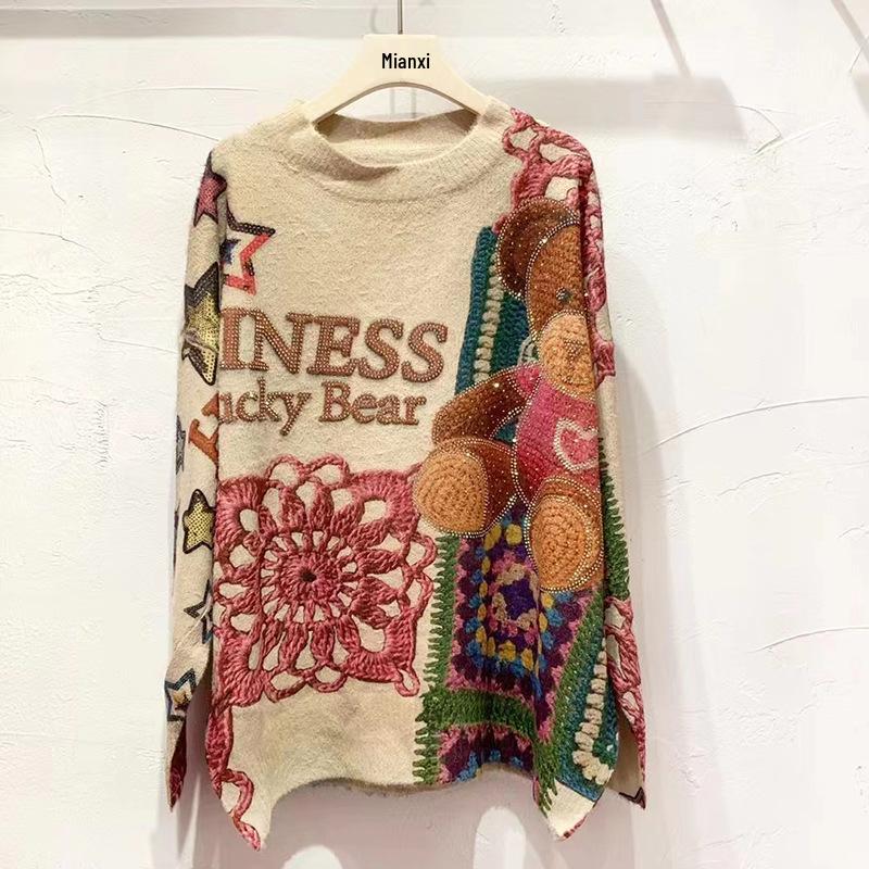 2022 Faux Mink Velvet Sweater: Women's Long Sleeve Embroidered Bear, Plus Size, Warm American Style Top.