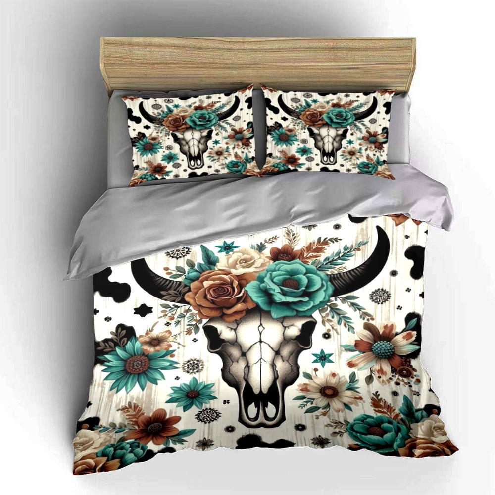 Floral Skull Western Bedding Set Bedding Duvet Cover Set Duvet Cover Pillowcases (1 * Duvet Cover 2 * Pillowcases, Without Duvet Insert)
