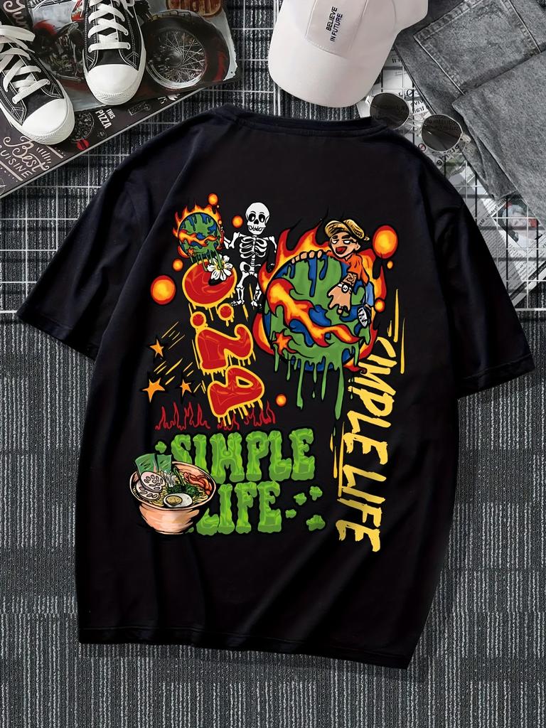 Comic Erde und Totenkopf und Buchstabenmuster Herren Trendiges Kurzarm Rundhals T-Shirt Sommer Outdoor Mode Streetwear