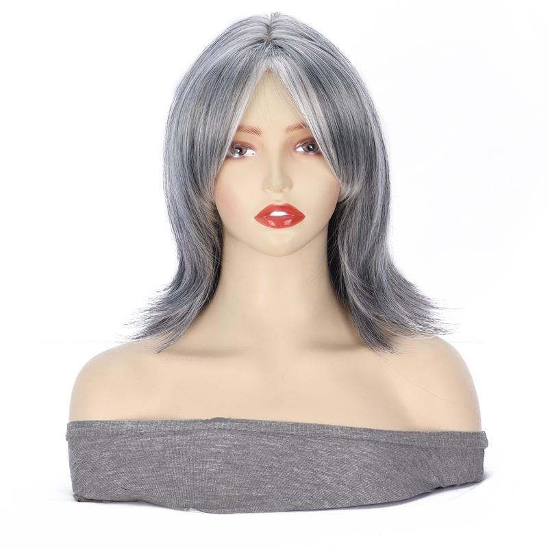 Silver Gray Middle Part Short Wig, Layered Wavy Synthetic, Natural Look for Daily Party Casual Wear, Soft Breathable Easy to Style 12inch