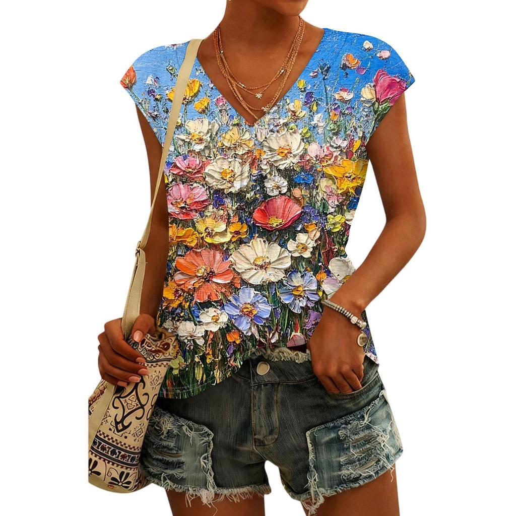 Women's Fashion V-neck Vintage Floral Print Short Sleeve Top