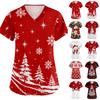 Women's Scrub Top V-Neck Print Short Sleeve with Pockets and Side Slits Uniform