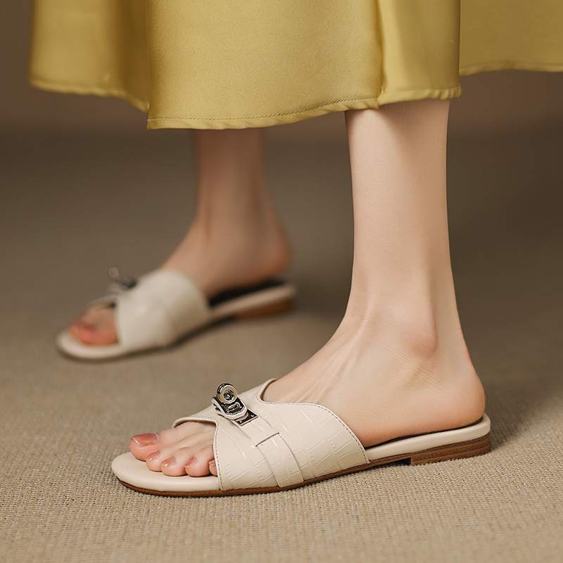 Krazing Pot Cow Skin Mules Summer Size 42 Low Heels Luxury Shoes Metal Decoration Women Superstar Women Peep Toe Slip on Sandals