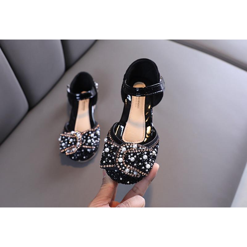 Girls Single Shoes Spring Autumn Pearl Rhinestone Bow Dance Performance Shoes Half Sandals for Little and Middle Kid