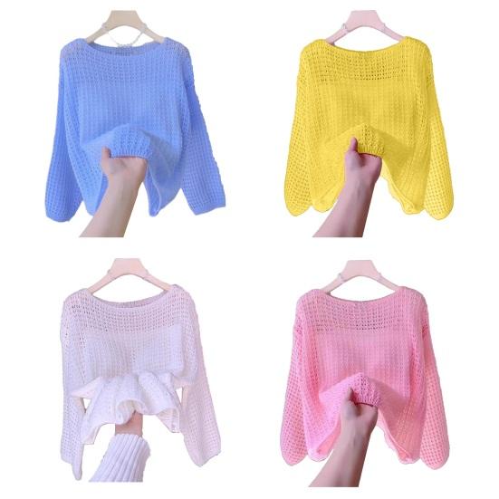 Women Tops Loose Fit One-Shoulder Hollow Knitted Long Sleeve Blouse Pure Color Summer Thin Tops Sun Protection Cover Up Blouse