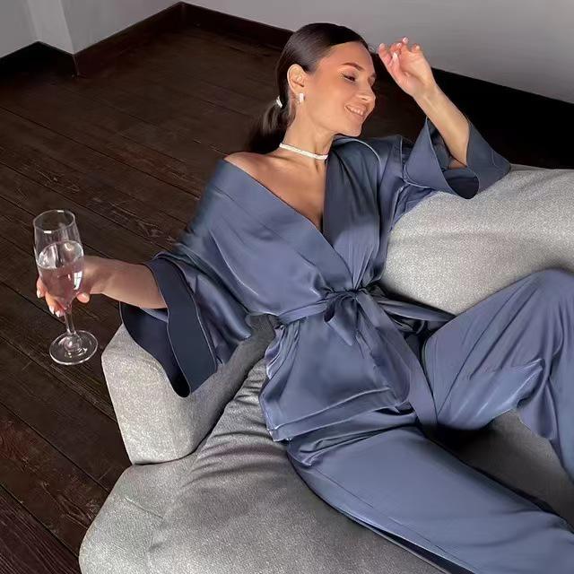 European & American Cross-Border Women's Long-Sleeved Cardigan Robe & Loose Pajama Pants Set