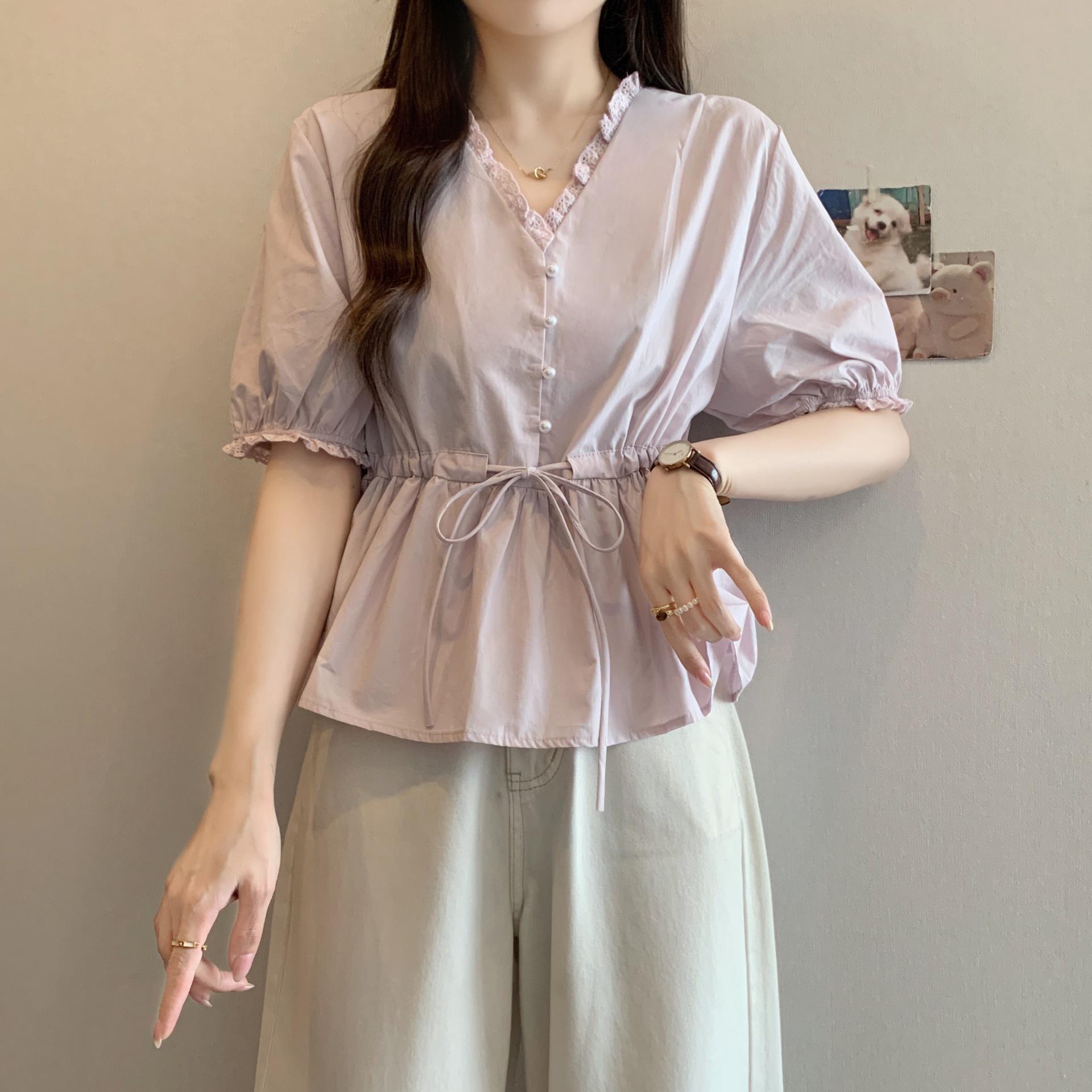 

Plus Size Korean Drawstring Waist Doll Top - Short Sleeve Summer Style 4XL фіолетовий