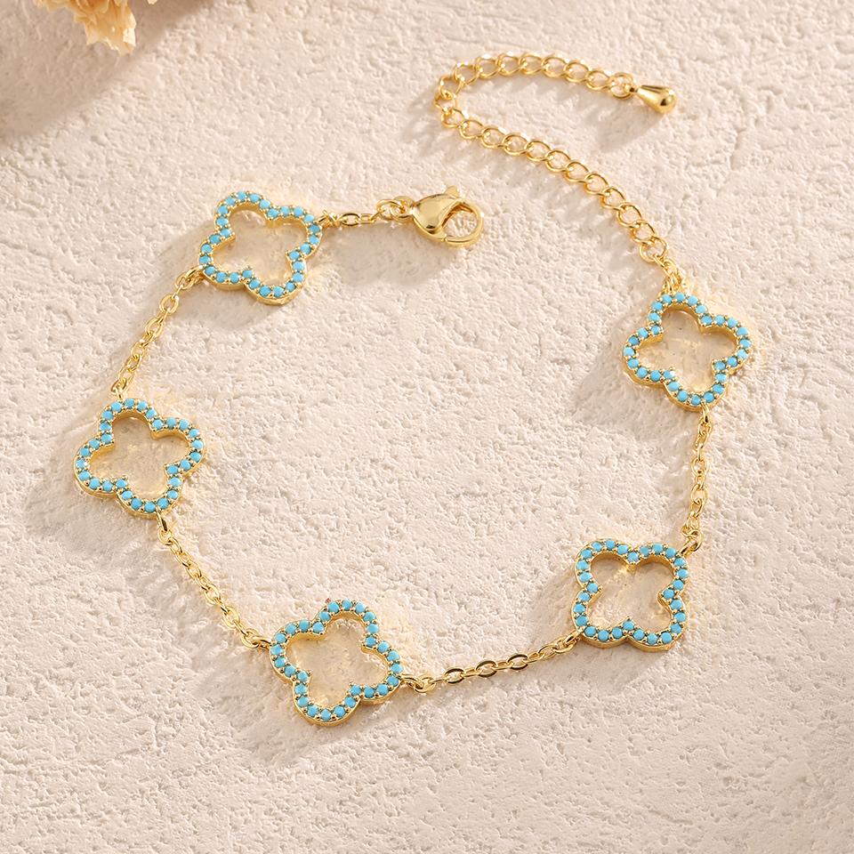 

Women s Clear Shiny Zircon Hollow Four-Leaf Flower Bracelet Fashion Aesthetic Jewelry Gift Exquisite Design синий