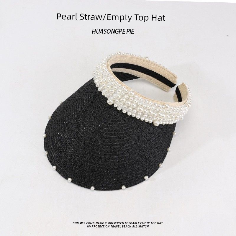 

Pearl Topless Hat Straw Women s Outdoor Seaside Beach Sun Hat Face Cover Ultraviolet-Proof Casual All-Matching Sun Hat C2516 eave buckle Pearl cap QC Black M(56-58cm)