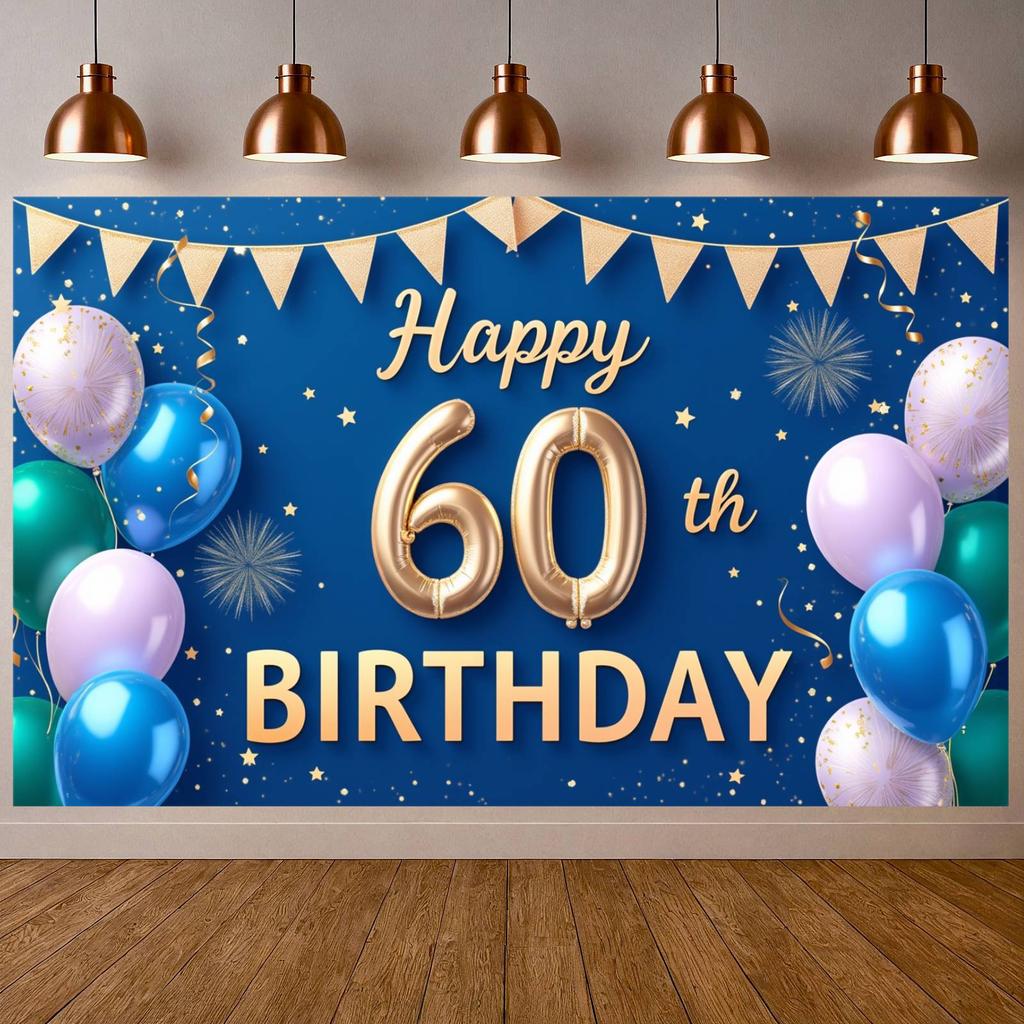 60th Birthday Banner Blue & Green Color Scheme Milestone Birthday Backdrop Milestone Birthday Banner Luxurious For Adult
