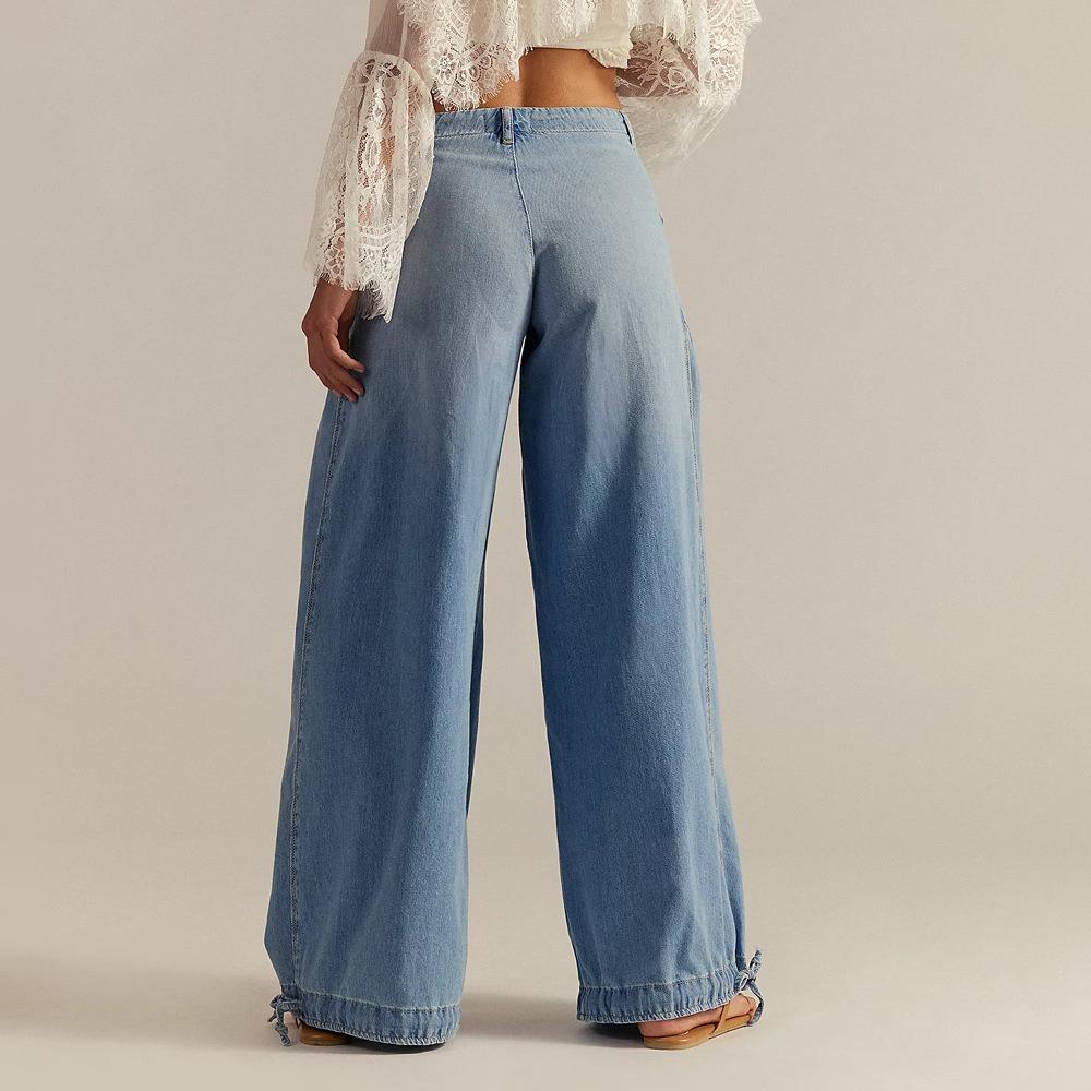 Women's High Waist Baggy Jeans Loose Wide Leg Denim Pants With Drawstring Hem Pockets Casual Boho Trousers