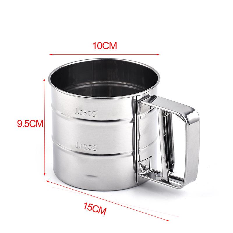 Handlicher Mehlsieb und Zuckersieb aus Edelstahl, halbautomatisch, Tassenform.