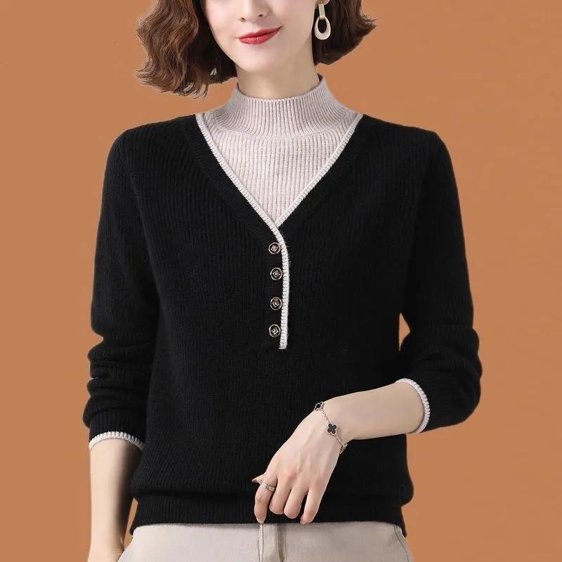 Autumn and Winter Half Turtleneck Sweater Women's Loose Fashion Fake Two-piece Thick Knitted Bottoming Shirt