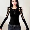 Bottom shirt hollow design niche off-shoulder top feeling slim Spice Girl new thin sexy T-shirt spring and autumn