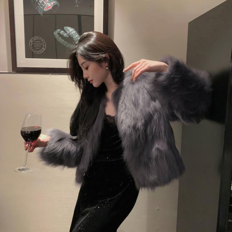 Winter New Elegant Long Sleeve Fox Fur Jackets Women Fashion Vintage Slim Plush Warm Casual Coats Women Solid Loose Office Ladies Jacket Tops 25879