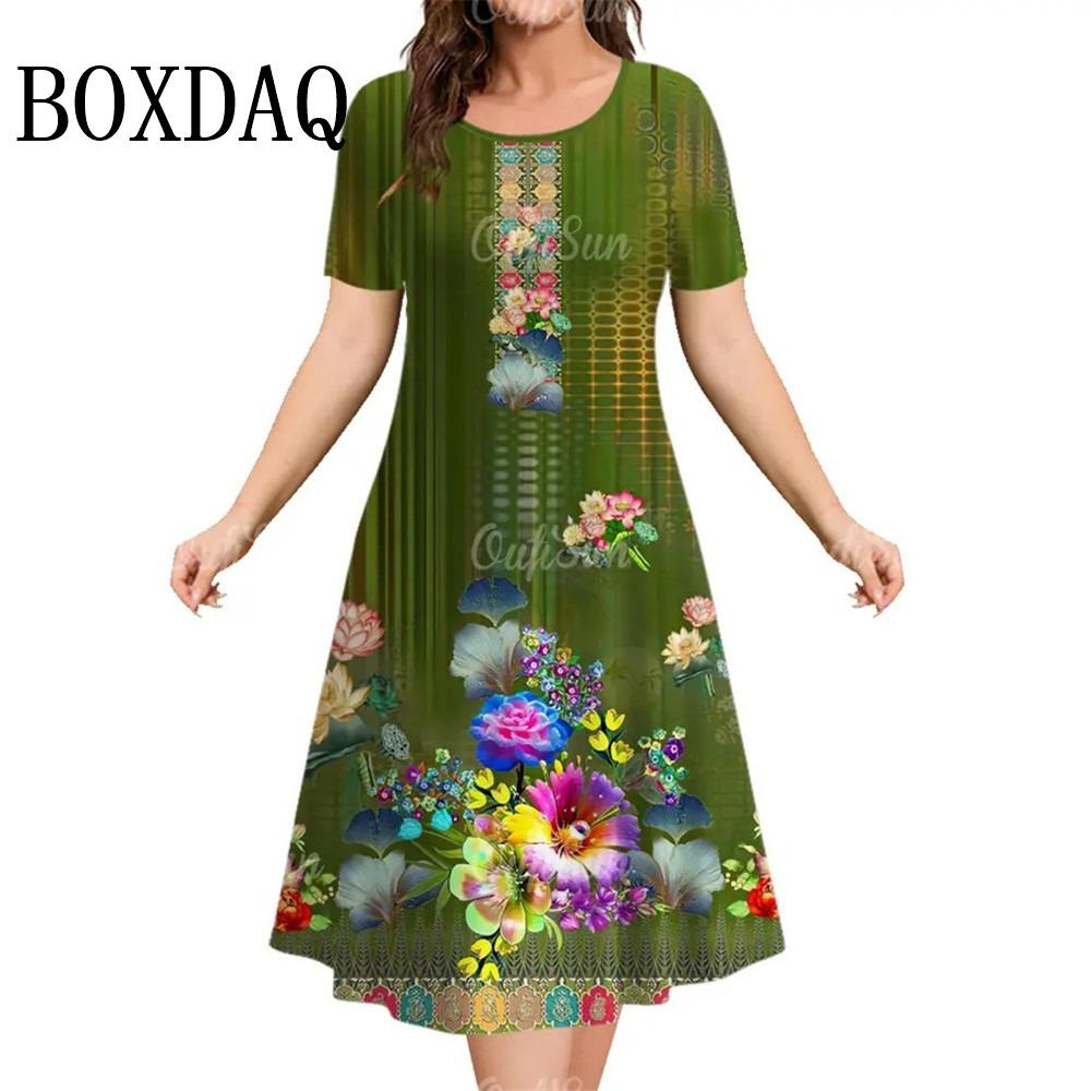 Summer Women Dresses Ethnic Fashion Plus Size Dresses Short Sleeve Elegant Loose Retro Ladies Dresses Casual 3D Printed Clothing