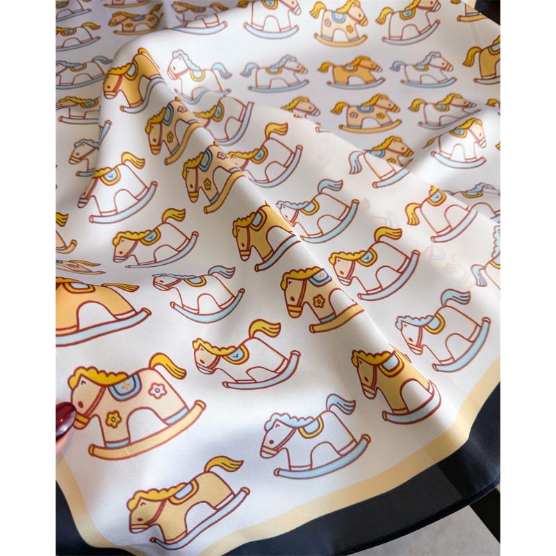 Korean Style Cute Trojan Printed Silk Feel Square Scarf For Women