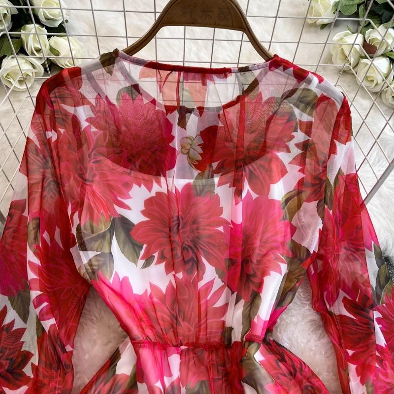 Camisole Dress for Holiday Temperament Floral Chiffon Vestidos Bandage Print Femme Robe Korean Casual Office Lady Ropa Mujer