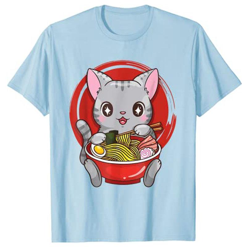 Official Teenager RaUnisex Cat Anime Kawaii Neko Japanese Girls TShirt Harajuku Clothes Y2k Kitten Eating Noodles Novelty Cute Tee