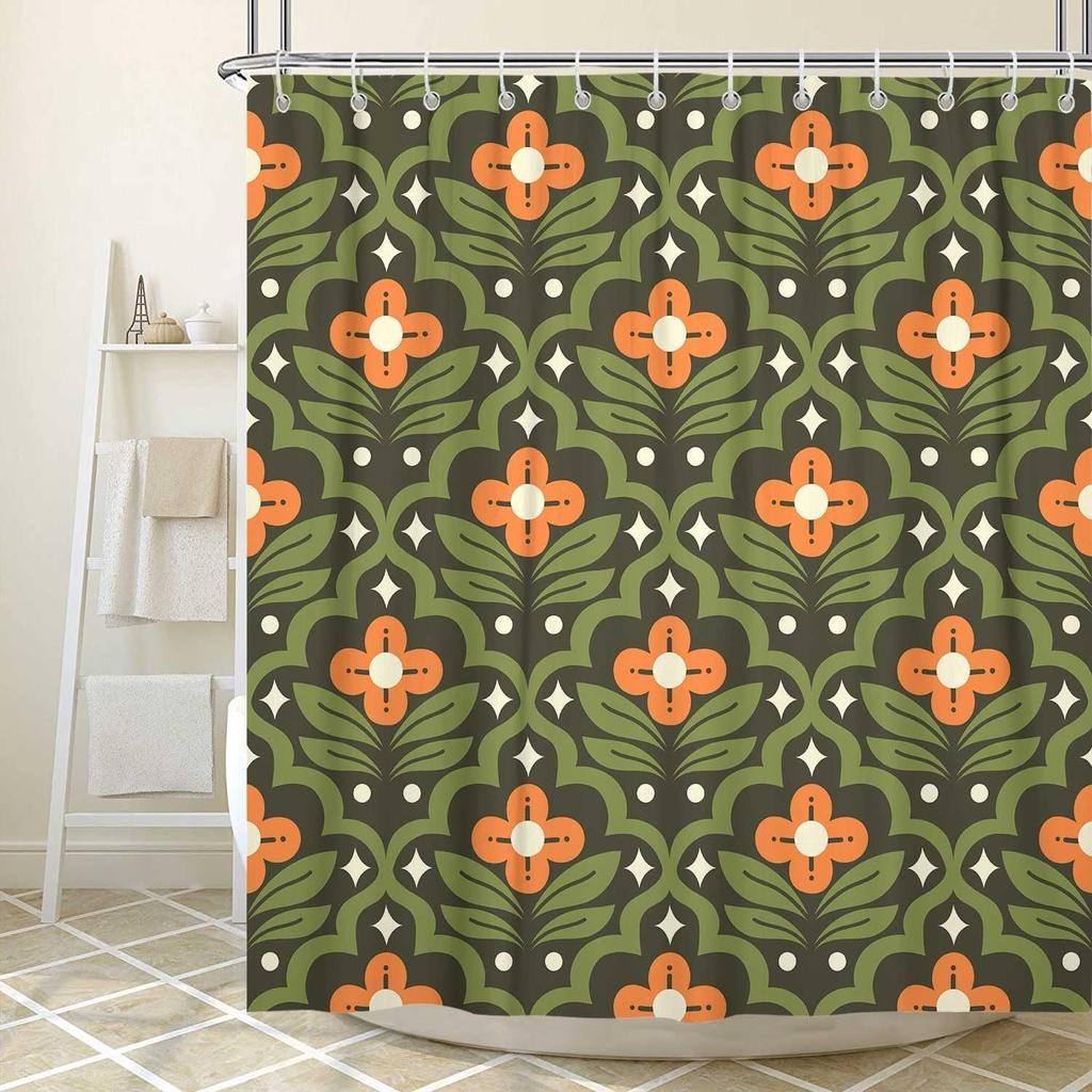 JAWO Vintage Boho Floral Shower Curtain, Green Orange Retro Flower Fabric Shower Curtains Set for Bathroom Decorative, Mid Century Modern Abstract