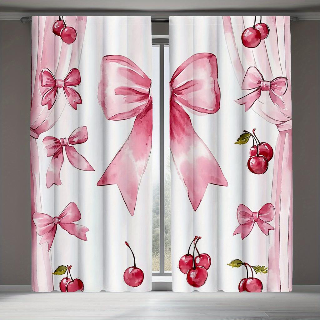 Bow Cherry Print Curtains Cute Design Princess Living Room Decor Curtain Polyester Machine Washable Perfect For Area