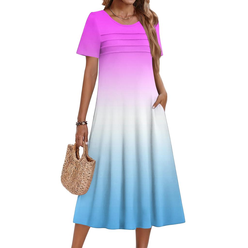 Ladies' Gradient Printed Casual And Fashionable Short Sleeved Round Neck Dress