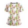 Women's Short Sleeved Christmas Printed V-neck Buttonable Side Slit Top T-shirt