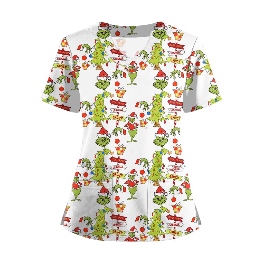 Women's Short Sleeved Christmas Printed V-neck Buttonable Side Slit Top T-shirt