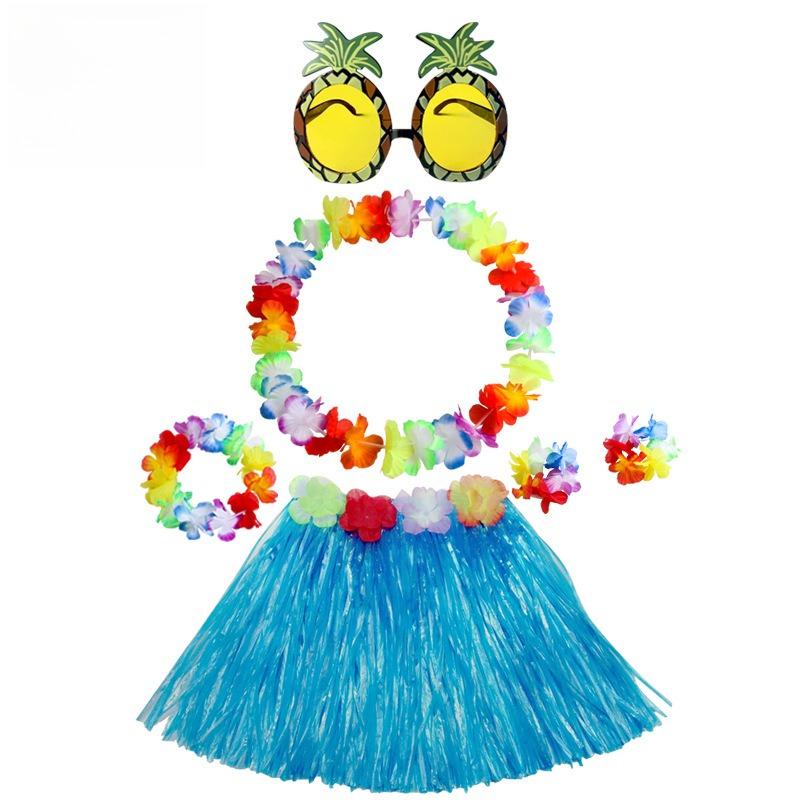 6pcs Set 30CM Single-layer Grass Skirt Wreath Pineapple Glasses Festival Party Atmosphere Performance Outfit Combination Set