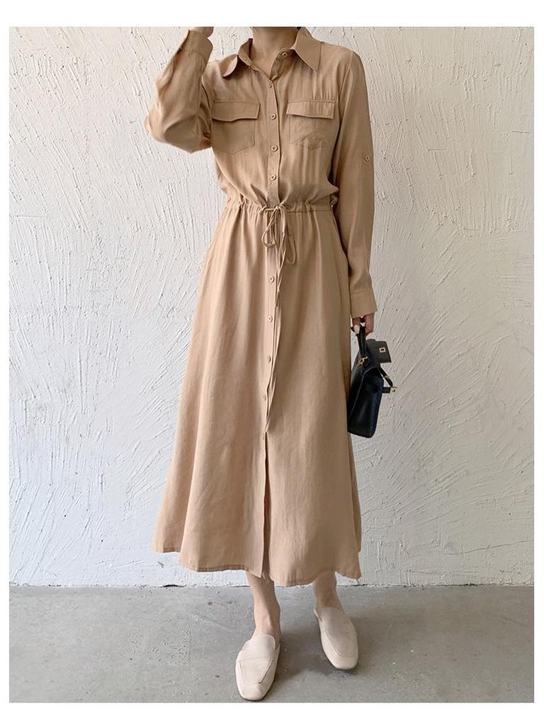 Japanese Style 2026 Autumn Women's Casual Long Sleeve Drawstring Shirt Dress with Pockets